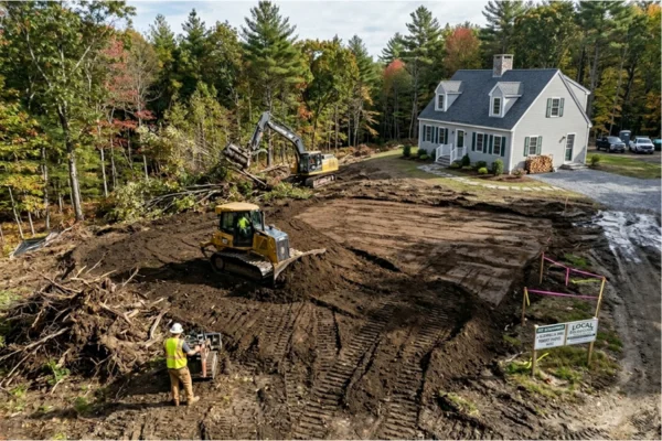 Heavy equipment and a construction worker grading and leveling a residential lot near a home as part of land clearing and site preparation.
