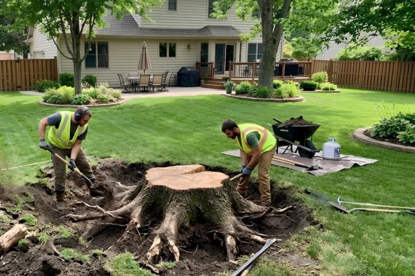 Two workers dig around a large tree stump and its exposed roots in a residential lawn.